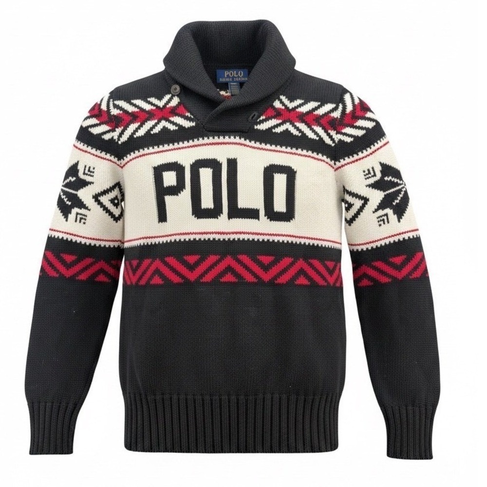 Polo Ralph Lauren Boys Black Red Fair Isle Shawl Collar Sweater Size M 10-12